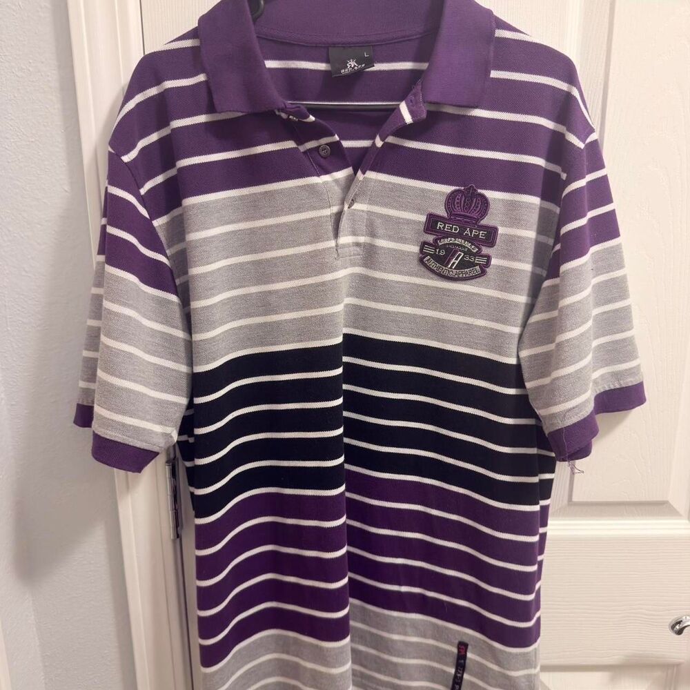 Red Ape Crown Crest Striped Polo - Purple - L (2007-2010)
